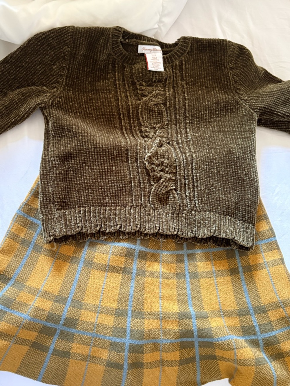 Tommy Bahama Olive Green Chenille Cable-Knit Crew with Mustard Plaid Skirt